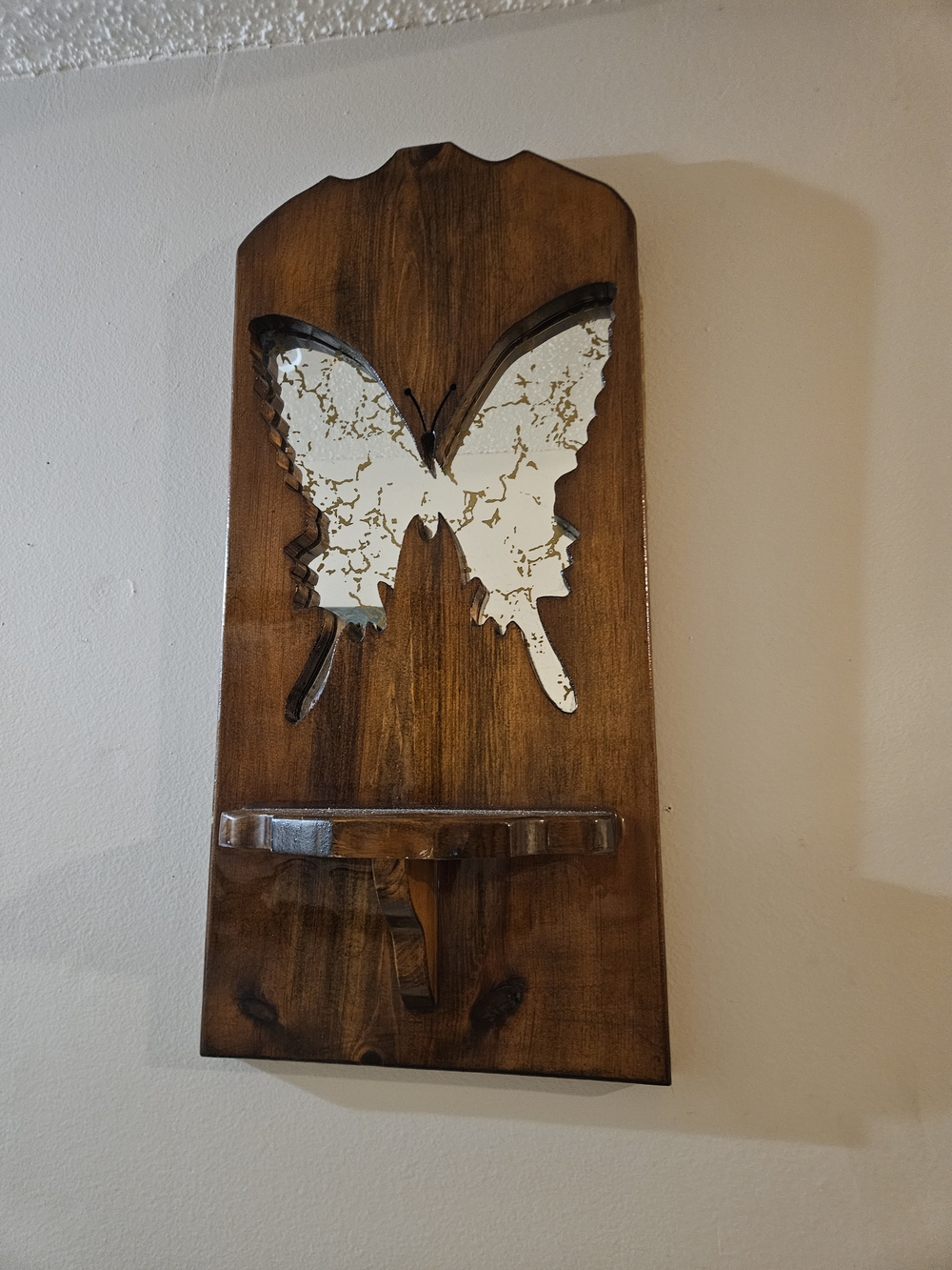 Vintage Stained Wooden Butterfly Mirror Wood MCM Shelf Midcentury Modern